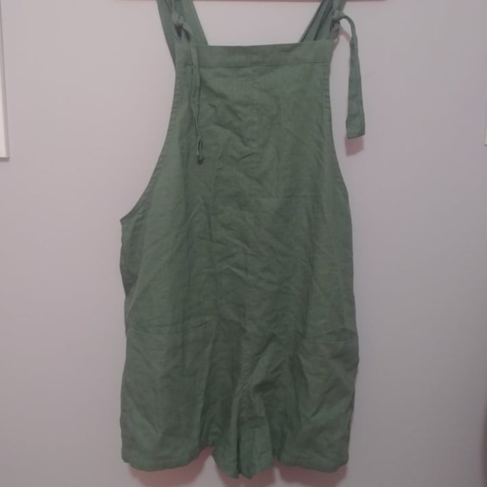 Olive Green Linen Baggy Short Overalls Size M.